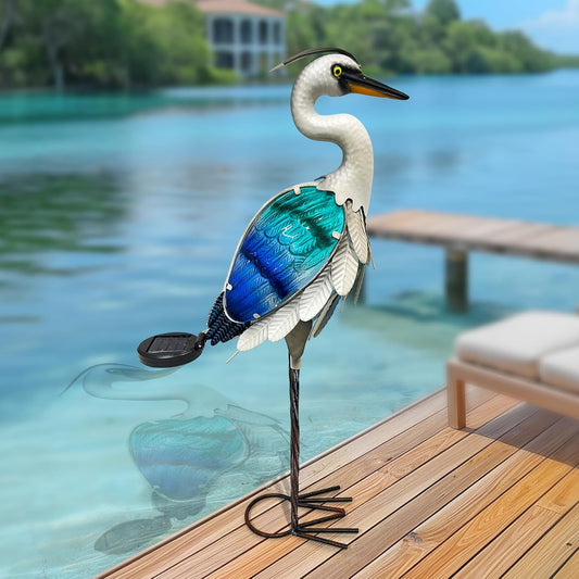 HONGLAND Solar Metal Crane Statue Garden Heron Sculpture, Glass Outdoor Heron Yard Art Coastal
