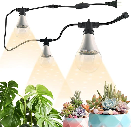 Hanging Grow Light String Bulbs LED Growth Bulb A25, Full Spectrum Plant Light E26 Base 15W, houseplant Growting lamp, Greenhouse Indoor or Outdoor (3 Lights and Cord)