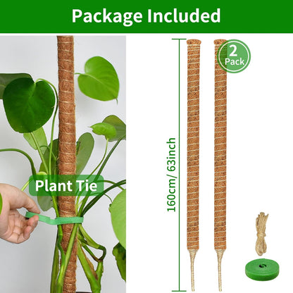 2 Pack Moss Pole, 63-Inch Moss Poles for Plants Monstera,Bendable Plant Support Stakes for Climbing Plants Indoor, Garden Trellis Plant Stick for Potted Plants, Pothos Philodendron