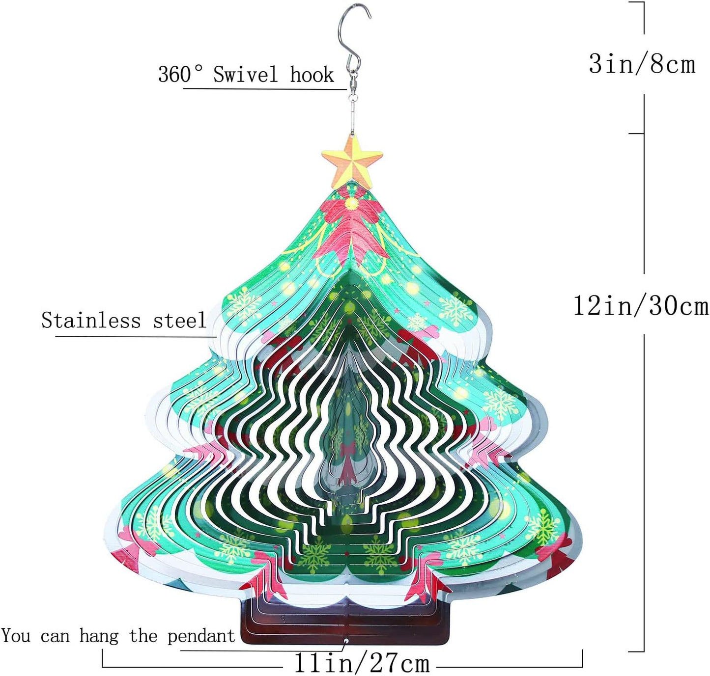 Christmas 3D Wind Spinners Ornament, 12in Large Stainless Steel Outdoor Christma Tree for Winter Indoor Garden Yard Crafts Ornaments Decoration(Chrismas Tree)