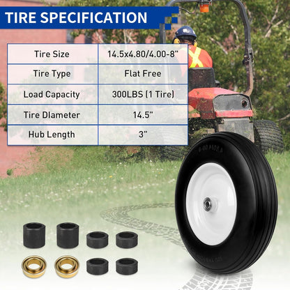 14.5'' Wheelbarrow Tires, 4.80/4.00-8 Solid Flat Free Tire Wheel with 3/4" & 5/8" Bearing, 3"-7'' Hub, Universal Replacement Solid Tire for Hand Truck/Utility Cart Fits 3.50/2.50-8, 4.00-6