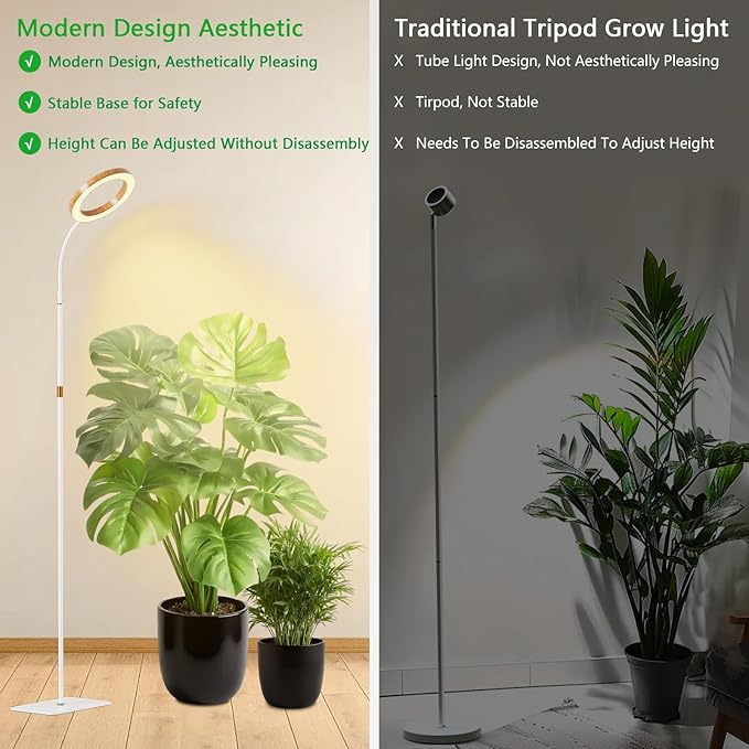 Full Spectrum Grow Light with Stand for Indoor Plants, Floor Plant Light, 6/12/18H Timer, 3 Color Modes, Adjustable Height 16.5–68in, for Large Plants & Home Décor(Tri-Head,Faux Wood Grain)
