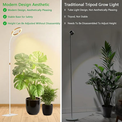 Full Spectrum Grow Light with Stand for Indoor Plants, Floor Plant Light, 6/12/18H Timer, 3 Color Modes, Adjustable Height 16.5–68in, for Large Plants & Home Décor(Tri-Head,Faux Wood Grain)