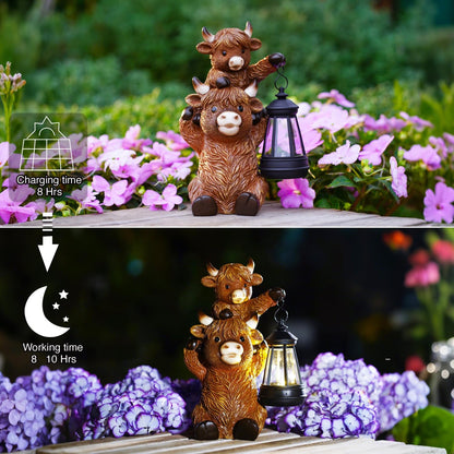 Goodeco 9.5 Inch Highland Cattle with Solar Lantern – Resin Garden Decor, Outdoor Statue & Unique Highland Cow Gifts (Brown)
