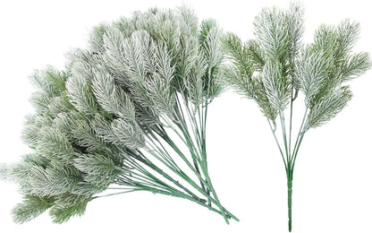 RECUTMS Artificial Pine Tree Branches Fake Greenery Picks Plastic Plants Leaves Plant Decorations Stem Soft Look Real for Home Garden (Green White)