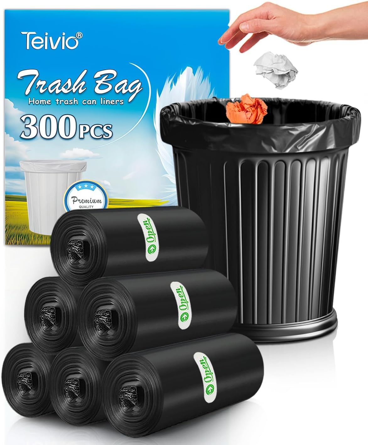 Teivio 3 Gallon 300 Counts Strong Trash Bags Garbage Bags, Bathroom Trash Can Bin Liners, Small Plastic Bags for Home Office Kitchen Kitchen (Black)
