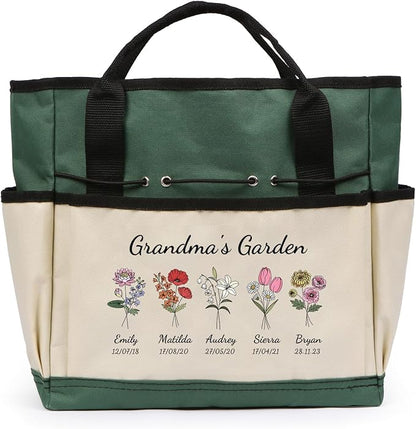 Personalized Garden Tools Set for Women: Custom Text Garden Tool Bag and Garden Shovel & Transplant Shovel & Hand Rake - Gardening Gifts for Mom Grandma Gardening Lover (5 Flowers)