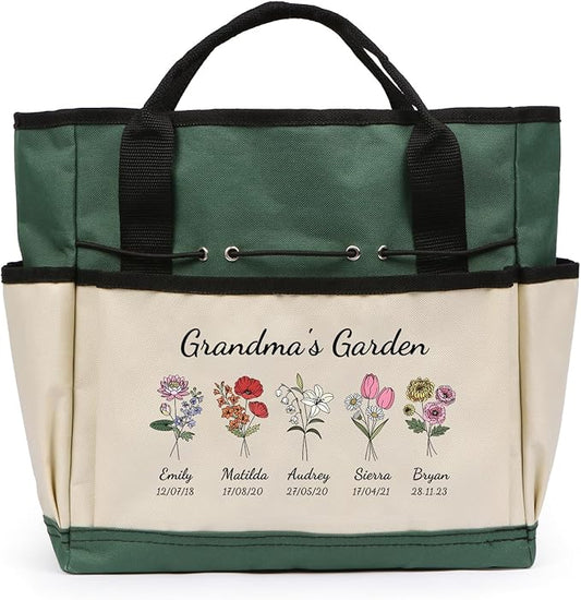 Personalized Garden Tools Set for Women: Custom Text Garden Tool Bag and Garden Shovel & Transplant Shovel & Hand Rake - Gardening Gifts for Mom Grandma Gardening Lover (5 Flowers)