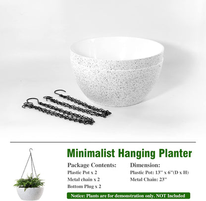 WOUSIWER 13 inch 2Pack Large Hanging Planters for Outdoor Indoor Plants with Drainage Holes and Chain, Round Hanging Flower Pots for Garden Home Porch Decor, White Speckles