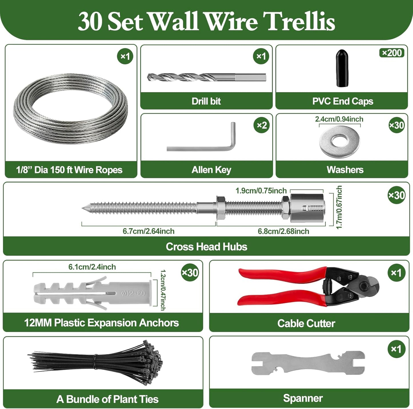 SPECILITE Wire Trellis for Climbing Plants Outdoor, 30-Set T316 Stainless Steel Kit, 1/8in x 150ft Ropes with Cable Cutter, Espalier System for Fence Wall and Garden DIY