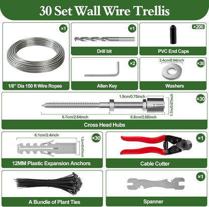 SPECILITE Wire Trellis for Climbing Plants Outdoor, 30-Set T316 Stainless Steel Kit, 1/8in x 150ft Ropes with Cable Cutter, Espalier System for Fence Wall and Garden DIY
