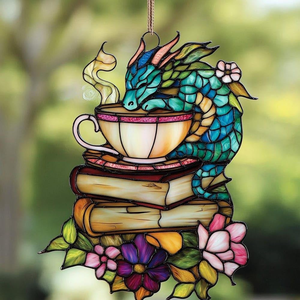 Fantasy Dragon Tea Book Acrylic Suncatcher Window Hanging Literary Gift Fantasy Book Lover Gift