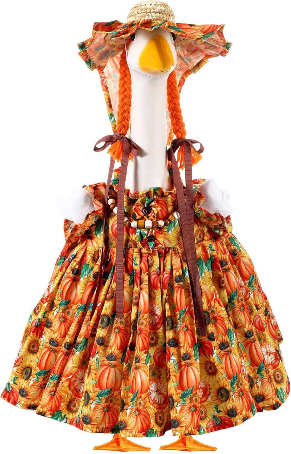 Fall Thanksgiving Goose Outfit Sunflower Porch Goose Costume with Hat Necklace for 23 Autumn Patio Yard Lawn Decor(Pumpkin,Sunflower)