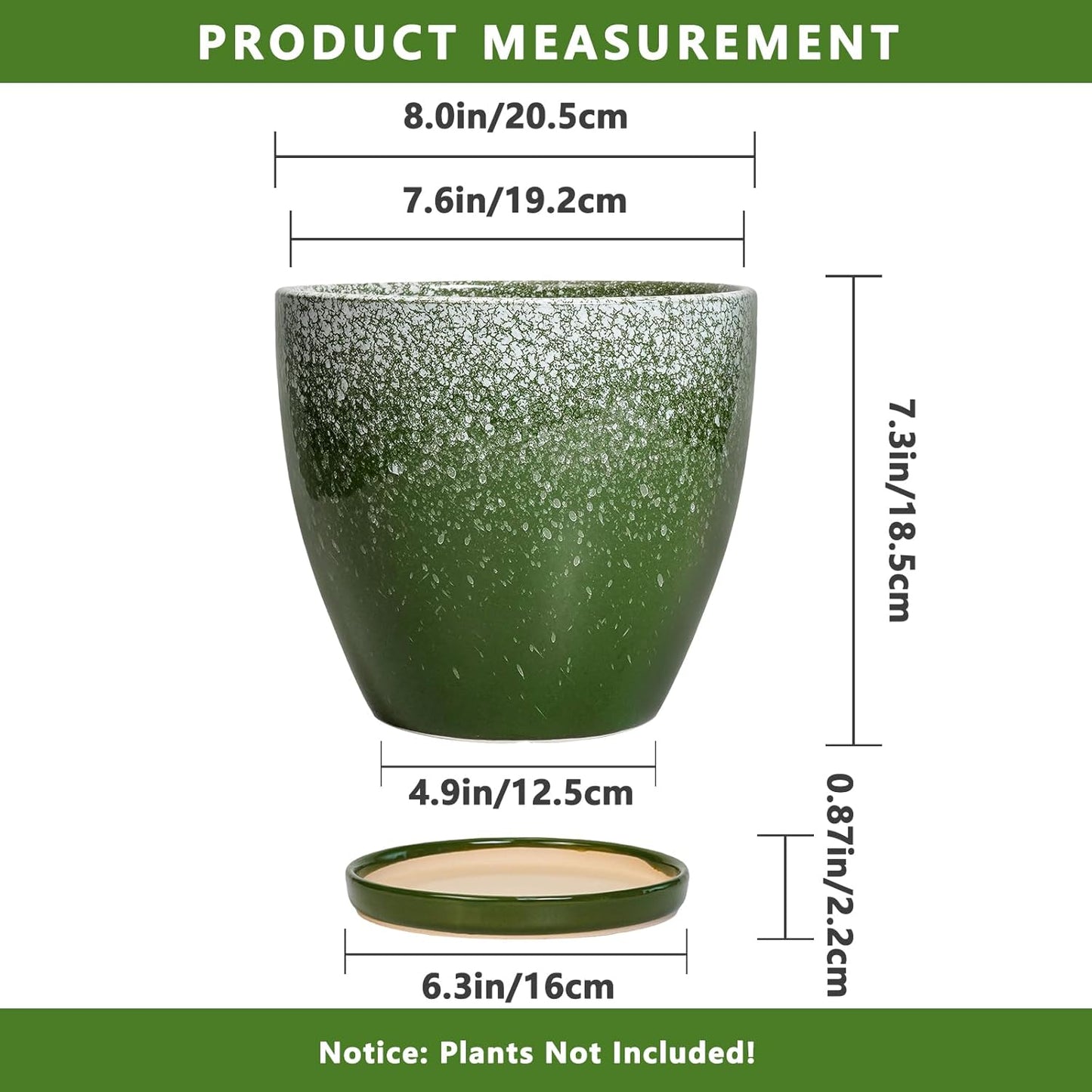 Ceramic Pots for Plants - 8 Inch Planter for Indoor Outdoor Plants, Round Planter, Large Flower Pot with Drainage and Saucer, Home Room Garden Office Decor, Birthday Gifts, Green