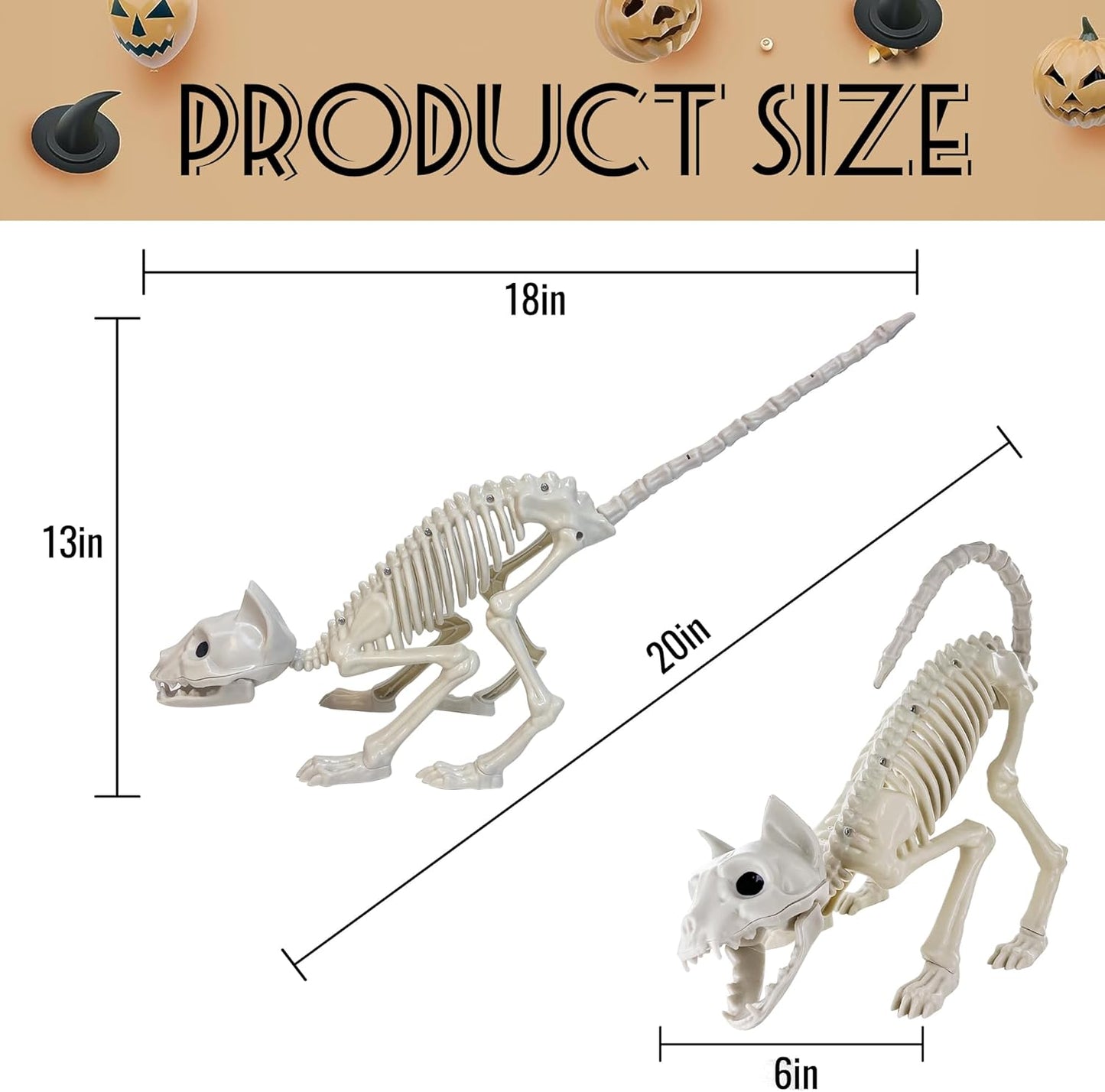 GIFTEXPRESS 2 Pack Real Size Cat Skeleton - 20" Long Creepy Kitten Skeletons with Posable Tail Halloween Decor - Indoor & Outdoor Haunted House Scary Animal Party Decoration