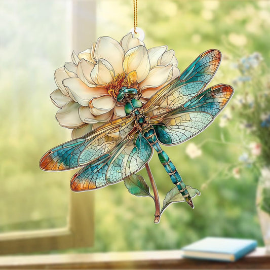 Dragonfly Ornament Stained Glass Style – Acrylic Window Hanging Suncatcher with Flower, Dragonfly Gifts for Women, Christmas Tree Ornament, Whimsical Home & Garden Décor(Sun-21)