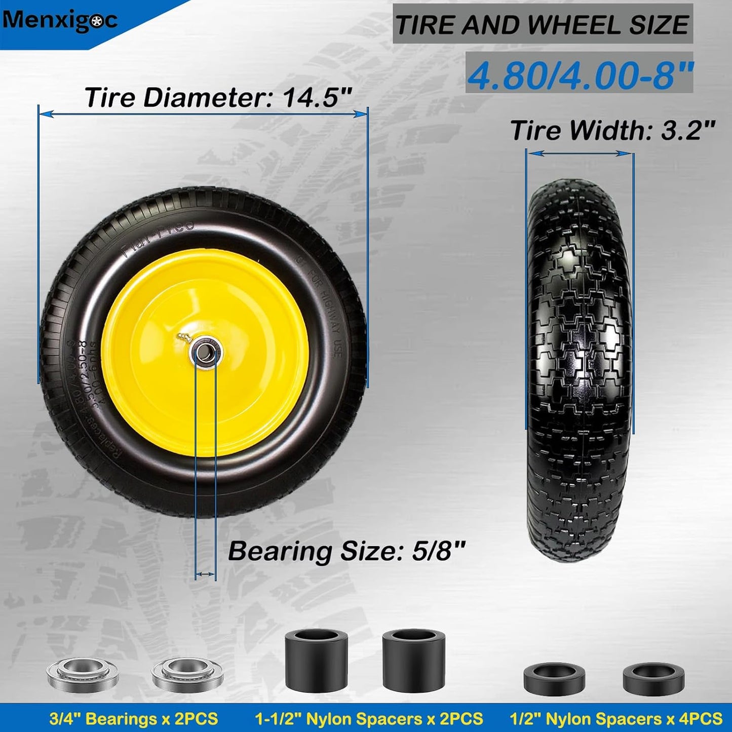4.80/4.00-8 Tire, 14.5" Tire and Wheel Flat Free, 5/8" Bore Bearing with 3/4" Extra Bearings with 3" Centered Hub - Universal for 4.80-8 4.00-8 4.00-6 3.50/3.00-8 Wheelbarrow Tires
