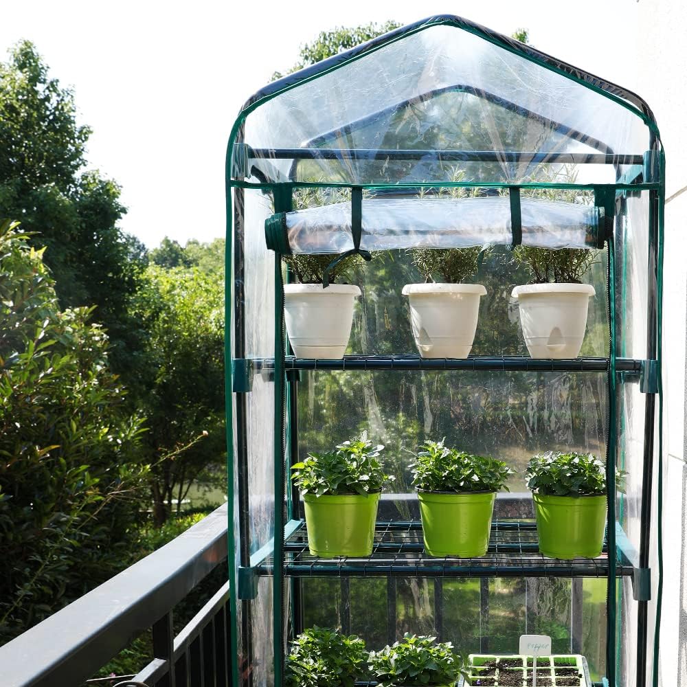 Worth Garden Upgraded 4 Tier Mini Greenhouse w/ Castors Wheels - Portable Small Gardening Green House w/ Clear PVC Cover - Heavy Duty Swivel Castors w/ Brakes - 65''H x 27''L x 19''W Indoor & Outdoor