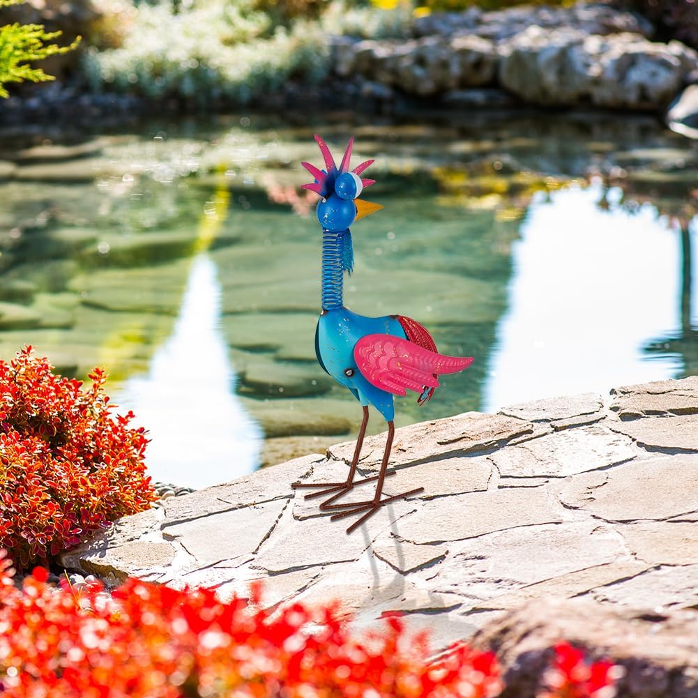 Metal Wacky Rooste Garden Statue, Rooster Decor Yard Statue Decorations Outdoor, Chicken Yard Art for Outside, Patio, Backyrad, Lawn (Blue & Pink)