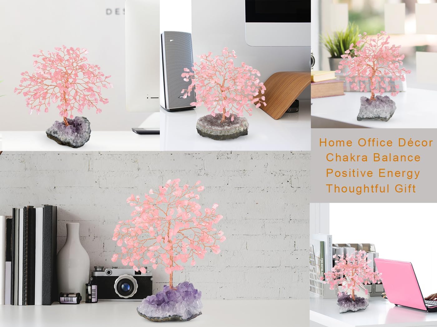 Natural Rose Quartz Crystal Tree with Amethyst Geode Base,Positive Energy Chakra Tree Healing Crystals Feng Shui Bonsai Home Decor 5.5"-6.3"