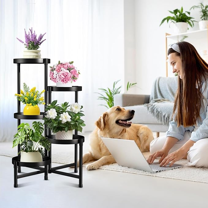 Metal Plant Stand Indoor Outdoor ,5 Tier Foldable Corner Tall Plant Shelf for Multiple Plants,Black Metal Tiered Plant Stand Sturdy and More Balanced,for Garden Patio Lawn Balcony