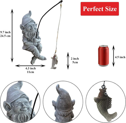 Garden Gnome Pond Statue Decoration, Fishing Gnome Garden Statue Outdoor Koi Pond or Waterfall Decor, 9.7" Stone Gnome Fishing Poolside Statue, Elf Pond Statue, Great Gifts & Housewarming for Mom