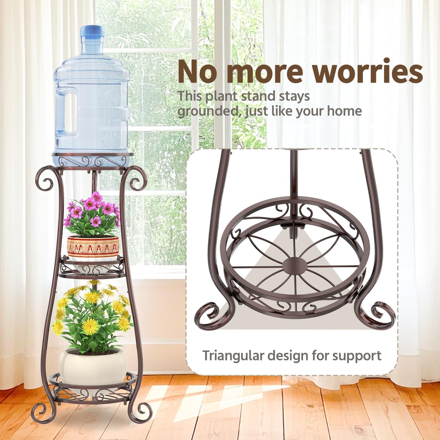 LASZOLA 3 Tier Bronze Metal Plant Stand for Multiple Large Planters Indoor Outdoor Organizer, Heavy Duty Tall Flower Stand for Corner Patio Bathroom Office, Modern Sturdy Vertical Iron Rack, Cat Proof