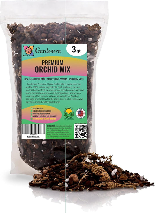 Organic Premium Orchid Soil Mix by Gardenera - Hand Mixed Classic Sphagnum Moss Potting Soil Mix - for Phalaenopsis Orchid - 3 Quart - Made in USA