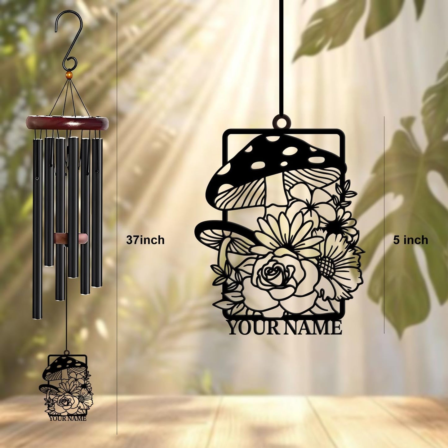 Personalized Customize Name Fantasy Mushroom Wonderland Wind Chime, Metal Iron 37 Inch Outdoor Memorial Gift for Garden Yard Patio Home Decor, Black (Style H)