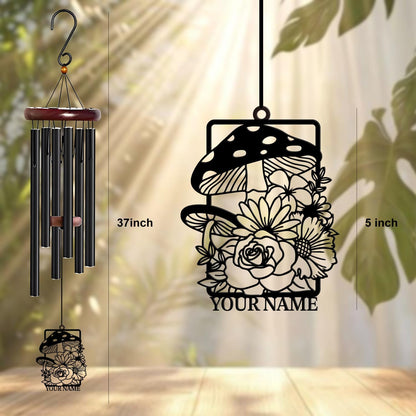 Personalized Customize Name Fantasy Mushroom Wonderland Wind Chime, Metal Iron 37 Inch Outdoor Memorial Gift for Garden Yard Patio Home Decor, Black (Style H)