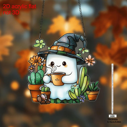Halloween Cute Ghost Suncatcher,Fun Decoration Plant Light Sun Catcher，Acrylic Window Hanging Indoor Outdoor for Family Art Wall Decor，Women Friends Neighbor Halloween Party Gift 7.8inch
