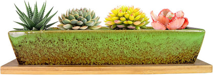 ARTKETTY Succulent Pots, 9.8 Inch Ceramic Succulent Planters with Drainage Small Bonsai Pot with Bamboo Tray, Mini Cactus Flower Planter Pot Shallow Rectangular Window Planters for Indoor Plants
