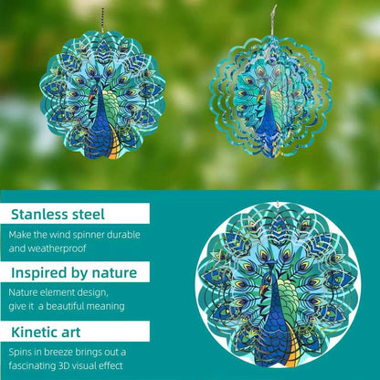 Metal Wind Spinners Outdoor Hanging Wind Spinner for Yard and Garden Decor for Outside-12In 3D Stainless Steel Peacock Wind Chime Gifts for Women Mom