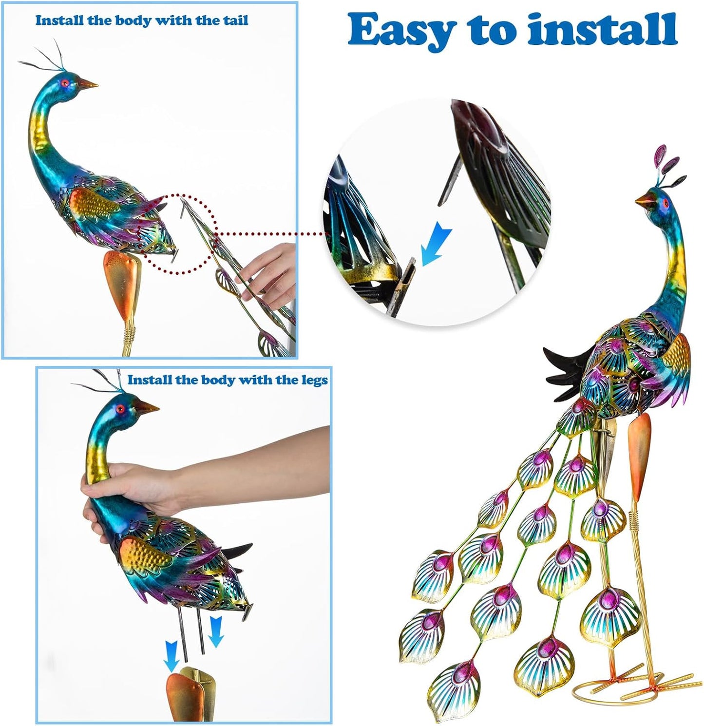 XONOR Metal Peacock Garden Statues Peacock Yard Art Outdoor Sculptures for Home Patio Lawn Backyard Décor, Set of 2 (Peacock)