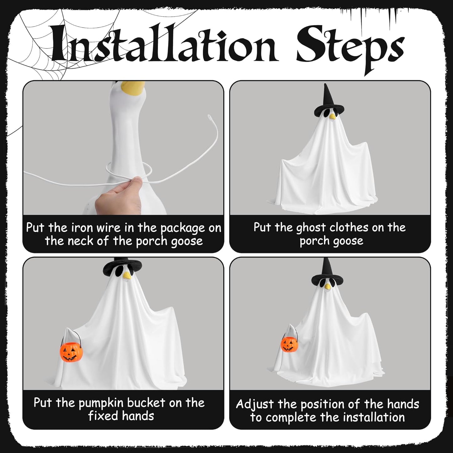 Watayo 2 Pcs/Set Halloween Ghost Porch Goose Outfits, Lawn Goose Statue Ghost Costume, Garden Goose Ghosts Clothes with Pumpkin Bucket for 23" Statue Halloween Fall Outdoor Patio Yard Decoration