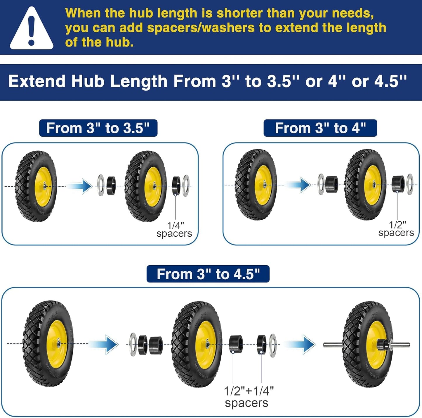 MaxAuto Wheelbarrow Tires 4.80 4.00-8 Flat-Free Tire and Wheel 16 Inch Solid Tires w/Grease Fitting, 3" Centered Hub, 3/4" Bearings, 4.80 4.00-8 Tire for Hand Truck Trolley Garden Cart Wagon, Yellow