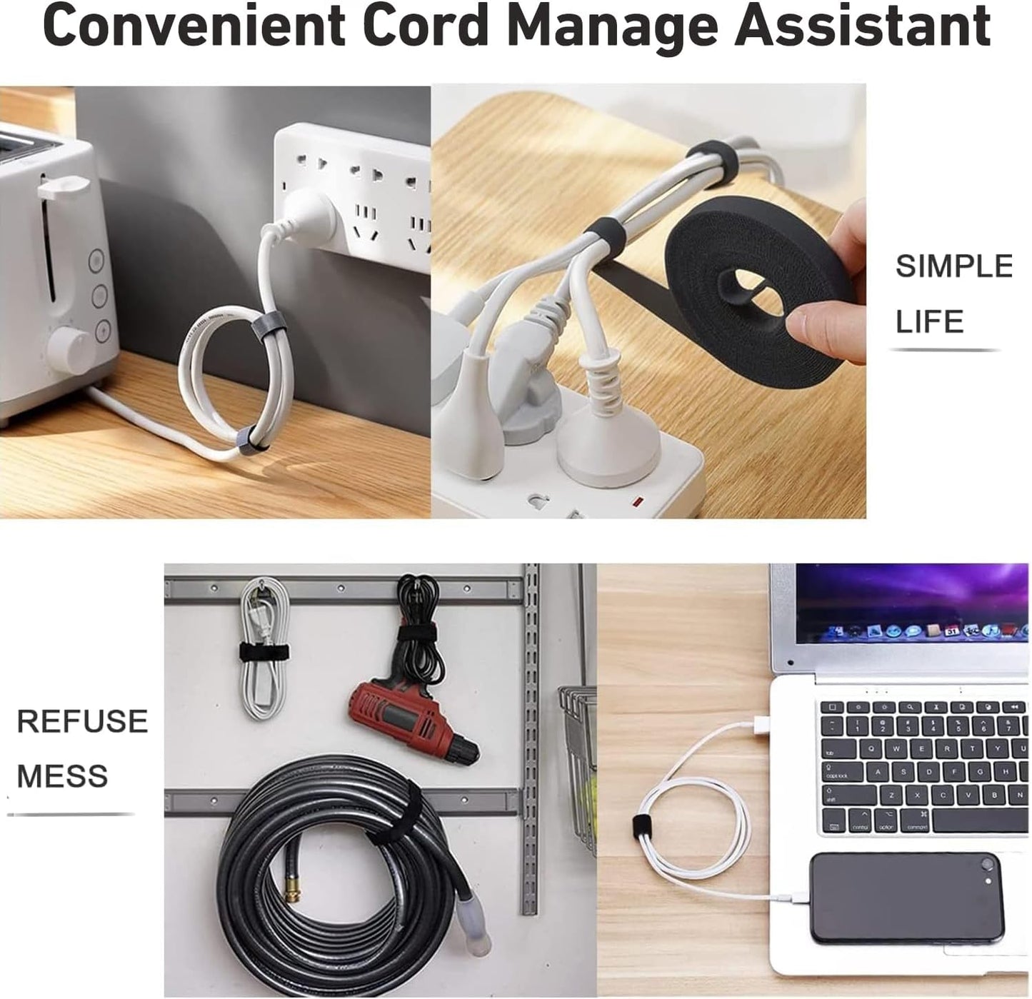 82ft 3/4 inch Fastening Cable Ties, Hitotsu Reusable Hook and Loop Roll, Self-Gripping Bundling Strips for Cord Manage,Home, Office, Electrical Cords, Host Room, Black