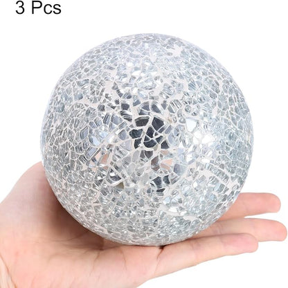 uxcell 4" Decorative Balls, 3 Pcs Mosaic Glass Balls, Decorative Table Sphere Orbs, Centerpiece Balls for Decorating Bowls Vase Tables Wedding Party, Silver