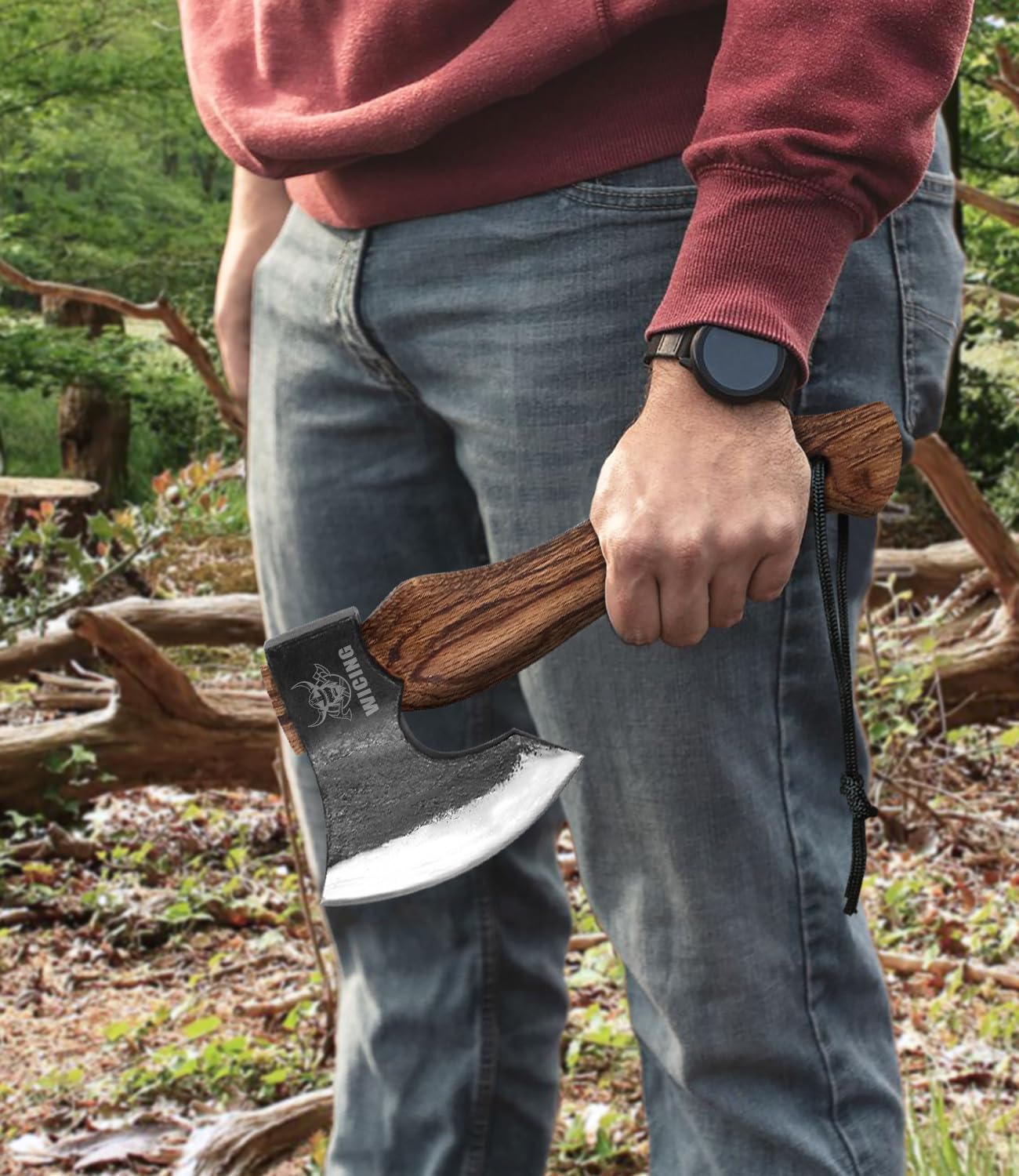 10.6 in Hatchet, 1065 Manganese Steel and Beech Wood Handle with Leather Sheath for Camping, Carving, Bushcraft Outdoor