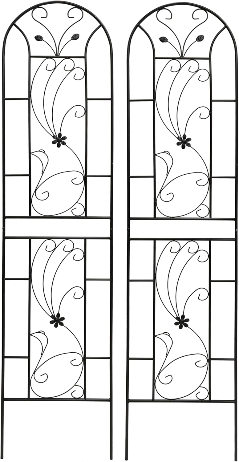 Metal Garden Trellis Rustproof Trellis for Climbing Plants Outdoor Flower Support Peacock Style (Black-2 Pack, 86.7"x19.7")