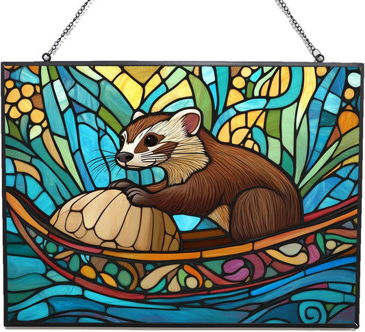 Rectangle Boho Ferret in Walnut Shell Stained Glass Suncatcher Window Hanging, Gothic Dragon