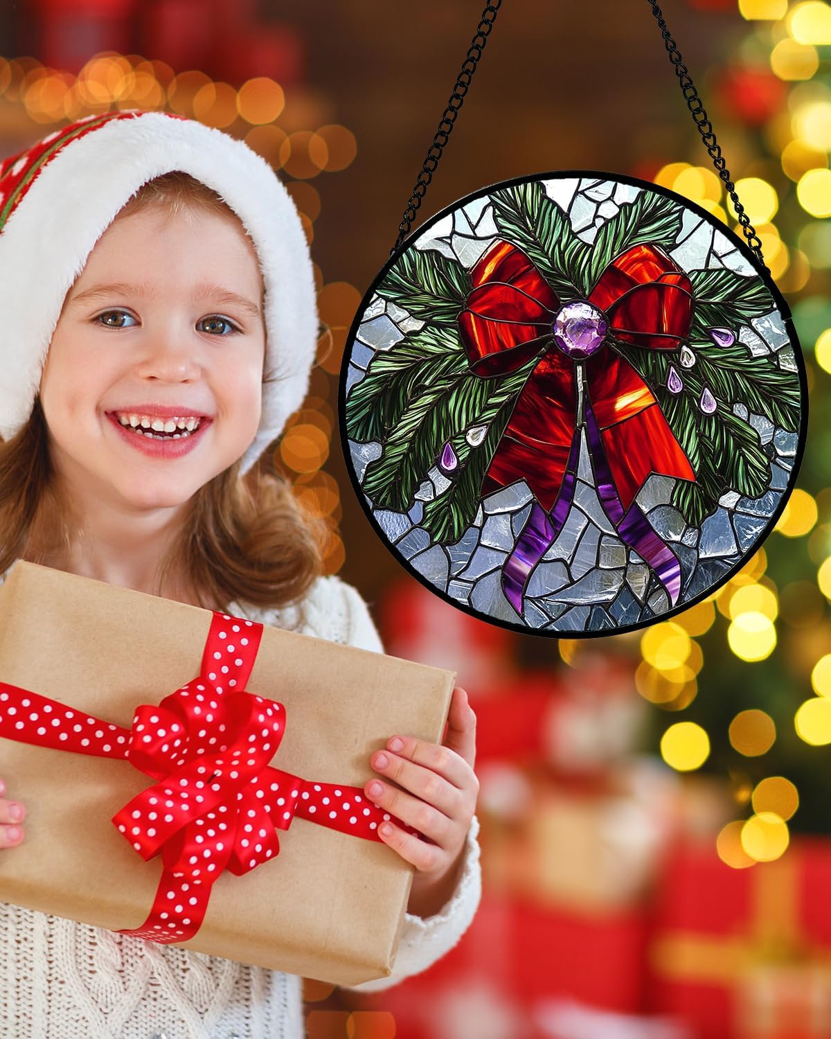 Stained Glass Window Hanging - Purple Gem Christmas Wreath Suncatcher for Doors Home Christmas Decoration Winter Sun Catcher Thanksgiving New Year Birthday Gifts for Women Men Mom Nana 9.8 in