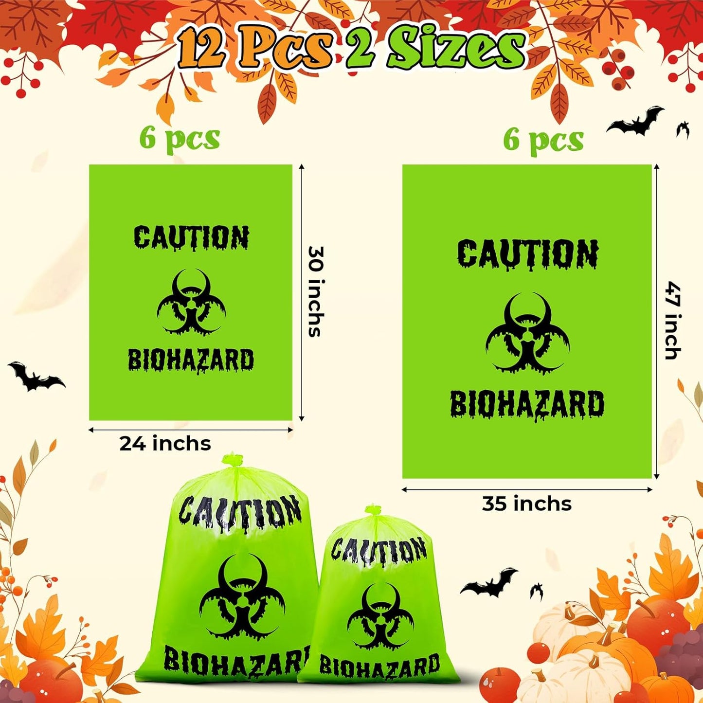 12 Pcs Large Halloween Leaf Bags Biohazard Halloween Decorations Halloween Trash Bags for Leaves Plastic Yard Lawn Waste Bag Scientist Biohazard Bag Outdoor Biohazard Zombie Party Decorations (Green)