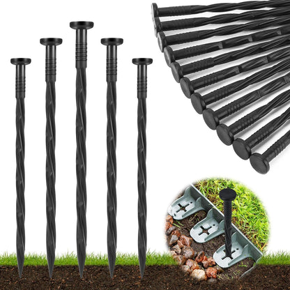 Landscape Edging Stakes, 150 Pcs 8" Plastic Garden Spikes, Spiral Nylon Anchoring Spikes for Paver Edging, Weed Barriers, Artificial Turf, Tent, Grass Pathway and More, Black
