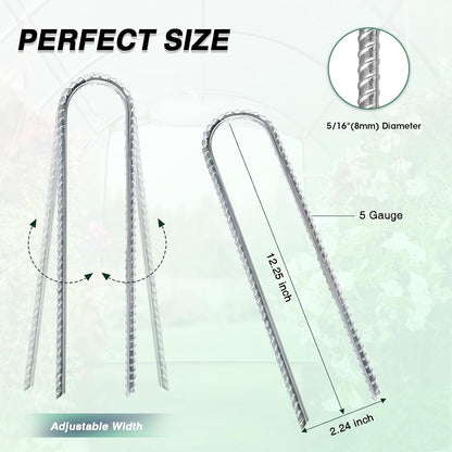 12 Inch Rebar Stakes Heavy Duty, 10 Pack Garden Stake U-Hook, Galvanized Rust Proof Metal Stakes for Tent, Landscape,Outdoor Decorations, Fabric Ground Cover, Tube Fixing (Silver, U-12in-10pc)