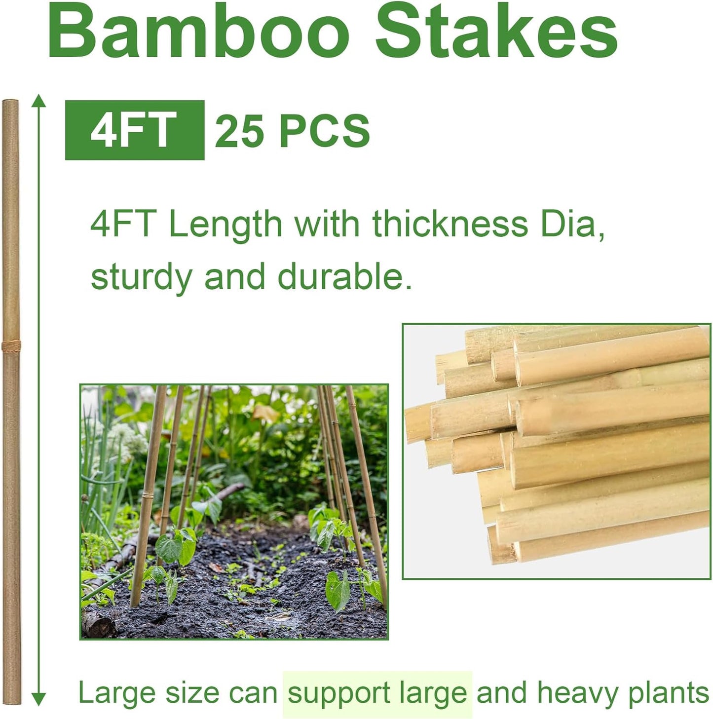 Garden Stakes 4ft, Natural Bamboo Stakes 4 Feet, Thicker Sturdy Plant Stakes 25 Pack for Tomatoes, Beans, Flowers, Potted and More Climbing Plants