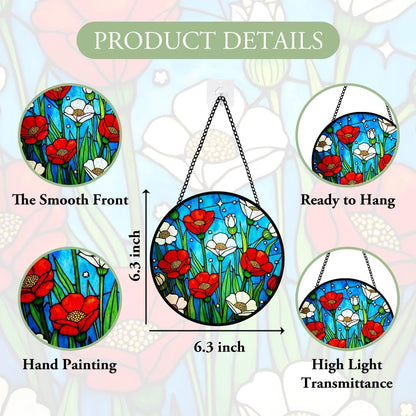 Red Flower Stained Glass Window Hanging, Bloom Suncatcher Panel for Indoor Outdoor Window Decoration, Glass Hanging Ornament for Garden Wall, Floral Ornament Gifts for Wedding, Birthday, Housewarming