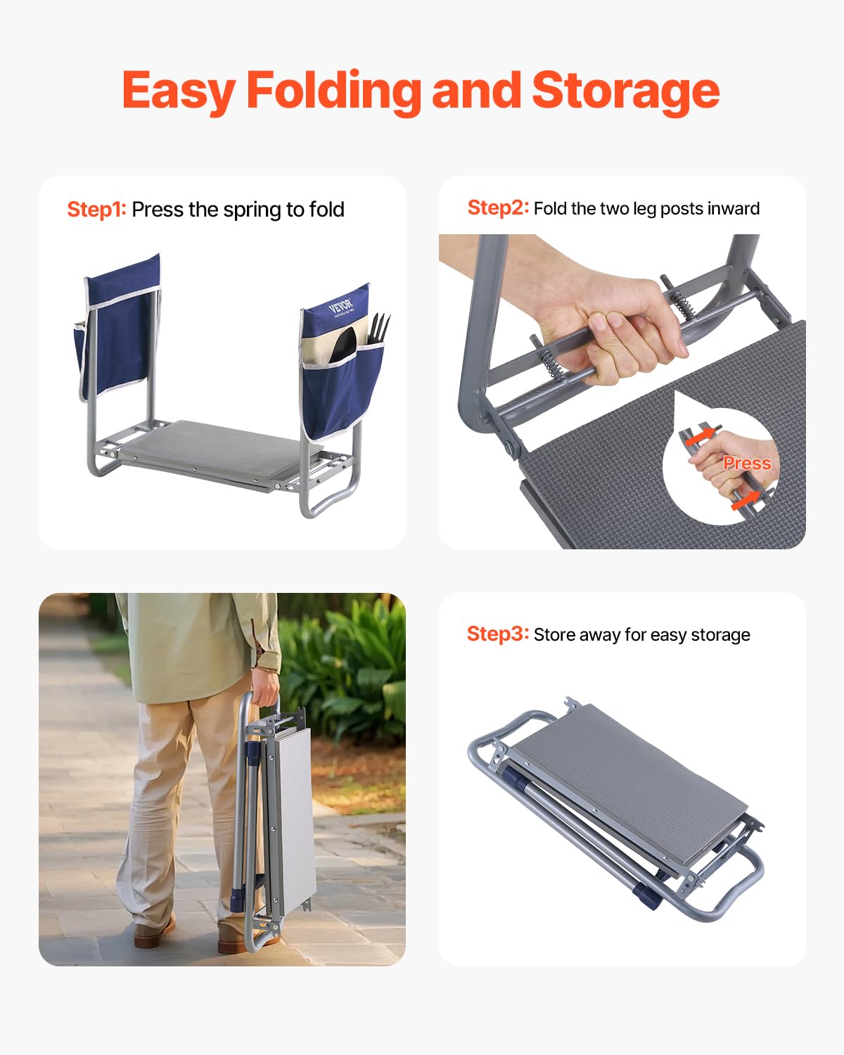 VEVOR Garden Kneeler and Seat Heavy Duty, Portable Garden Stool with 11'' EVA Kneeling Pad and 2