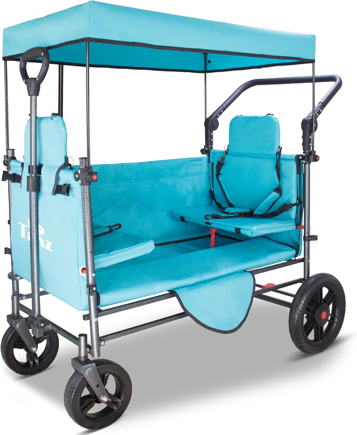 TMZ Collapsible Wagon Cart with Side-Opening Seat Conversion Design, Foldable Utility Wagon with 2 Seats, Heavy Duty Wagon 265 lbs Load Capacity (Turquoise)