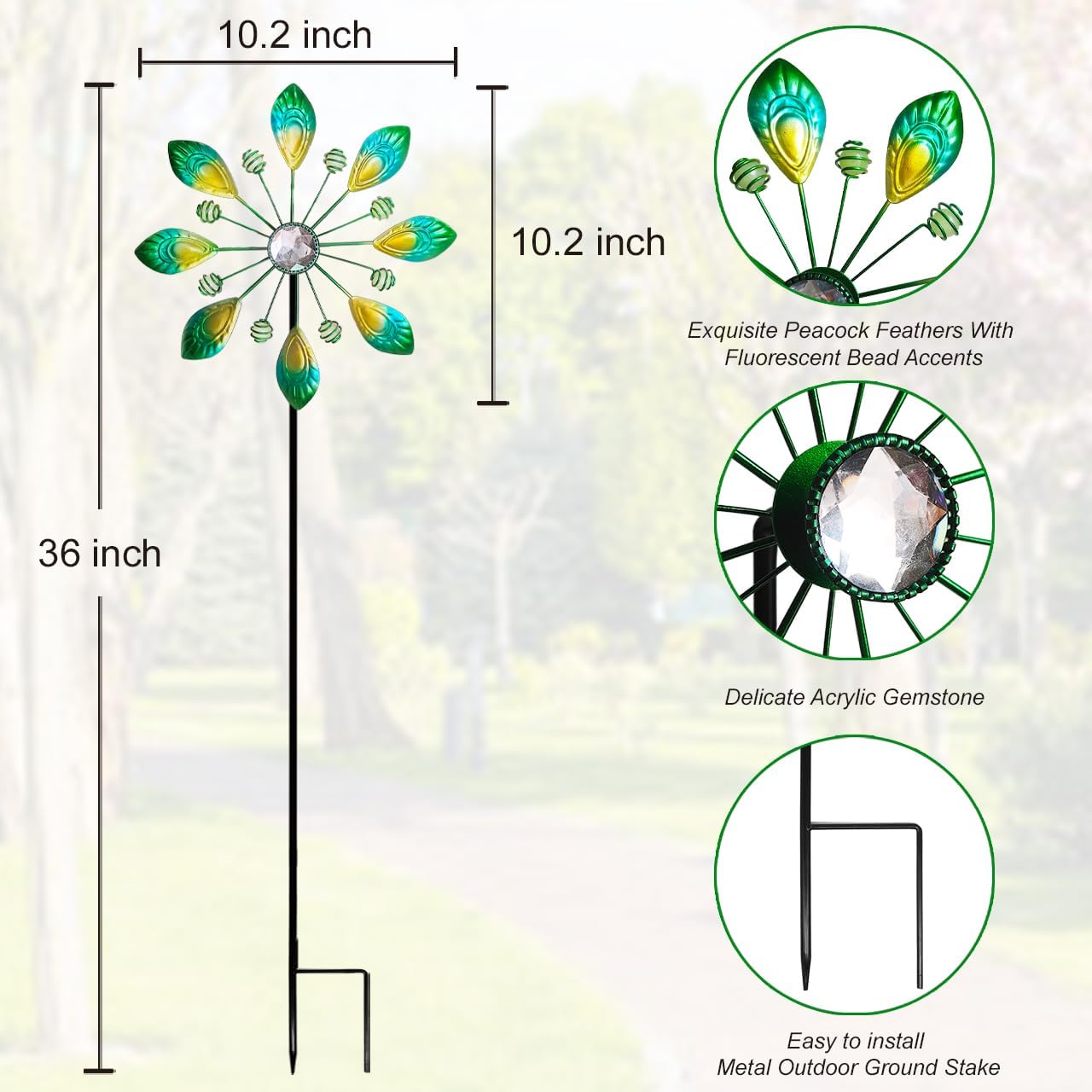 Metal Peacock Wind Spinner for Outdoor Garden Decor - 36 Inch Height Feather Wind Catcher with Stake, Lawn & Patio Art, Weather-Resistant Yar